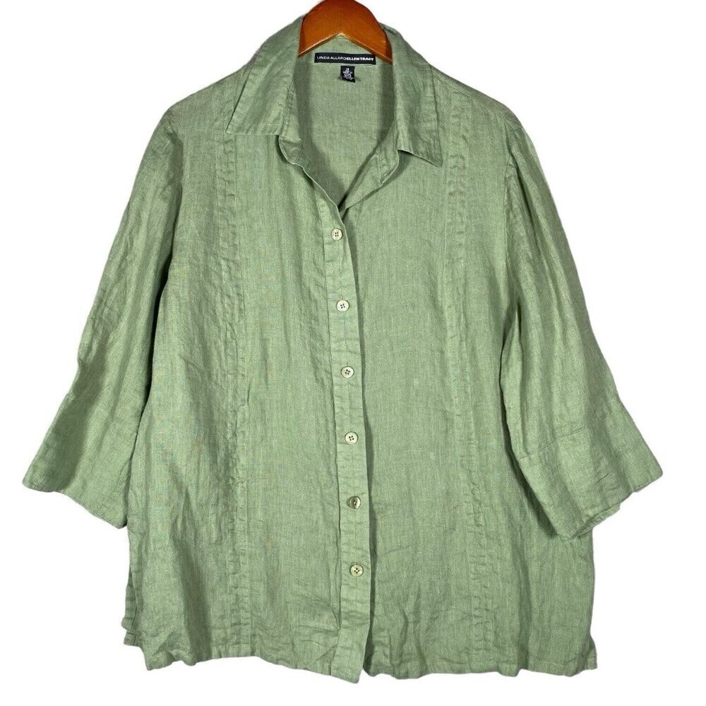 Linda Allard Ellen Tracy 100% Washable Linen Tunic 18 Green Button Down Shirt